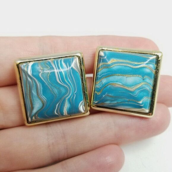 Vintage Blue Marbled Design Square Stud Earrings, Retro 80s Style, Estate - Picture 1 of 6